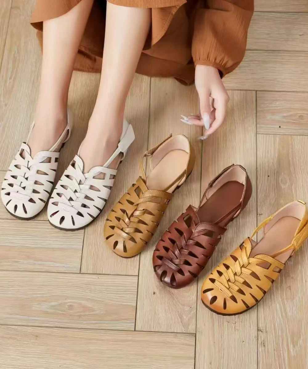 Brown Sandals Faux Leather Retro Hollow Out Sandals - Image 5