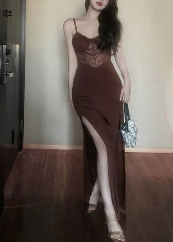 Brown Side Open Maxi Spaghetti StrapDresses Sleeveless - Image 2