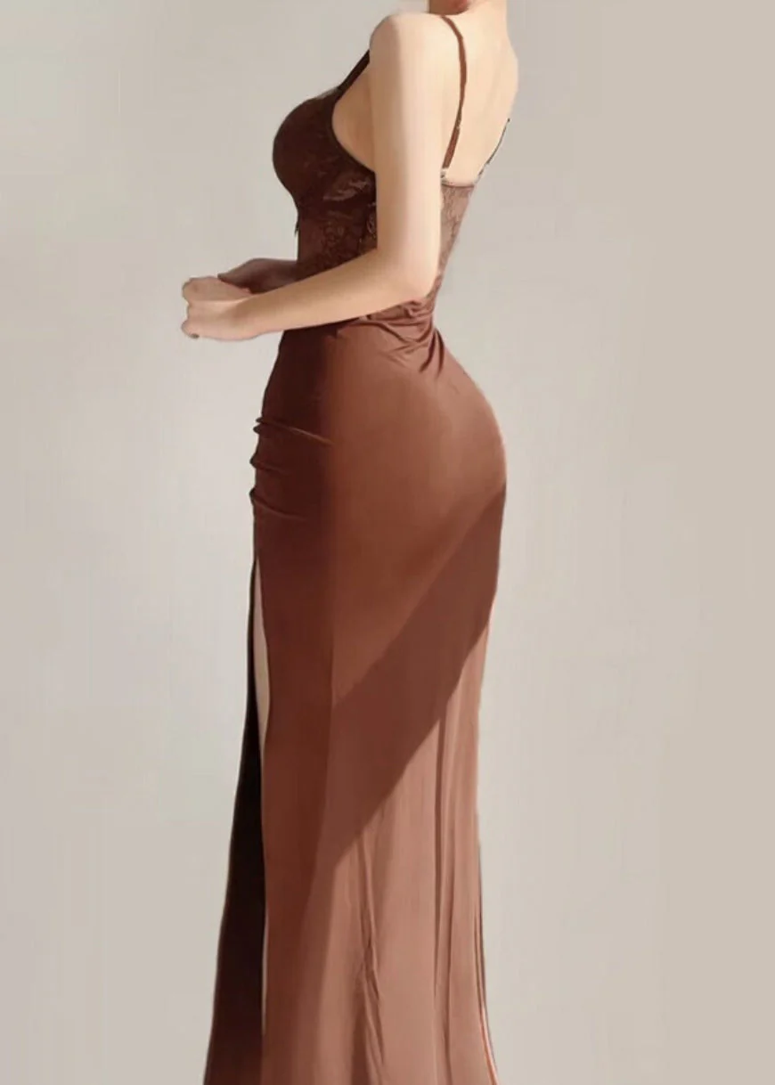Brown Side Open Maxi Spaghetti StrapDresses Sleeveless - Image 4