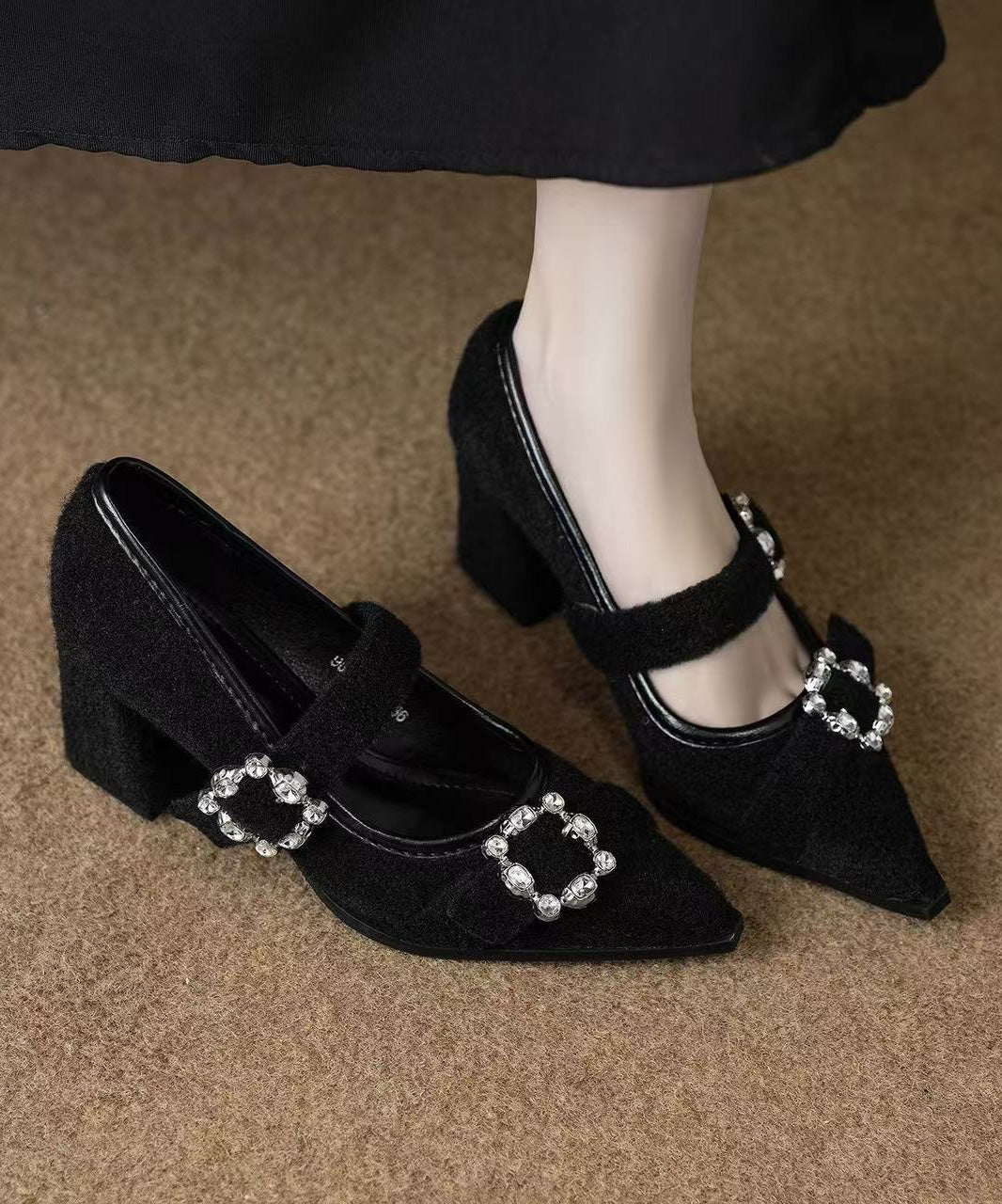 Brown Suede Art Zircon Splicing Chunky High Heels - Image 2