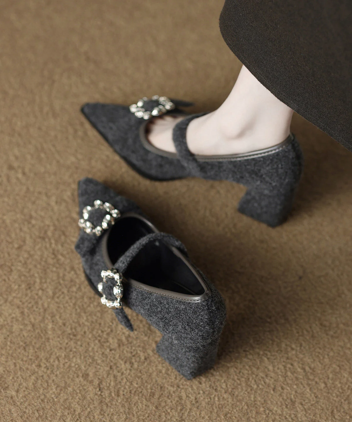 Brown Suede Art Zircon Splicing Chunky High Heels - Image 3