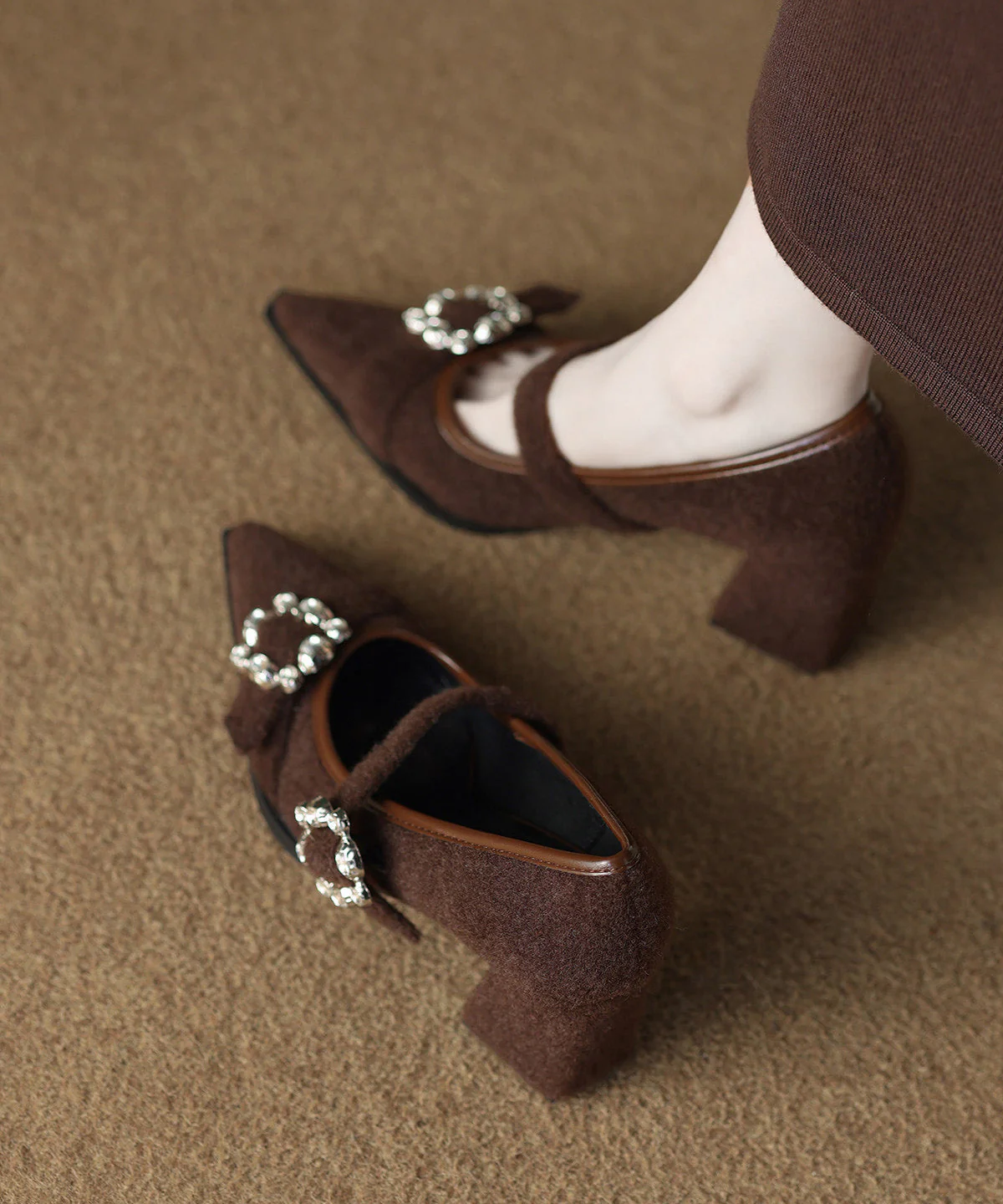Brown Suede Art Zircon Splicing Chunky High Heels - Image 4