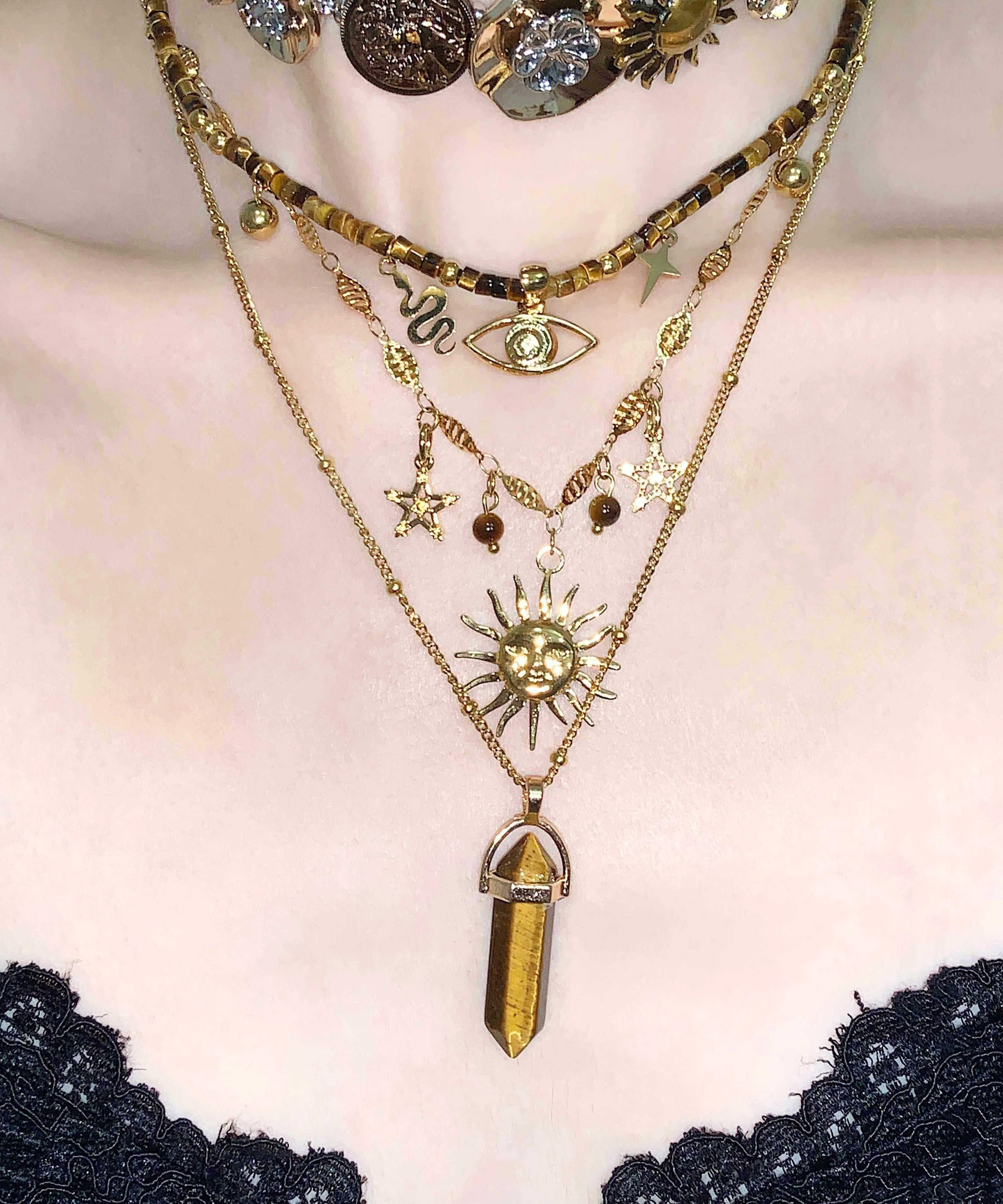 Brown Tiger's Eye Long Column Sun Layering Titanium Steel Four Piece Set Pendant Necklace - Image 3