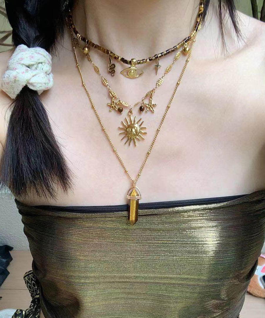 Brown Tiger's Eye Long Column Sun Layering Titanium Steel Four Piece Set Pendant Necklace - Image 4