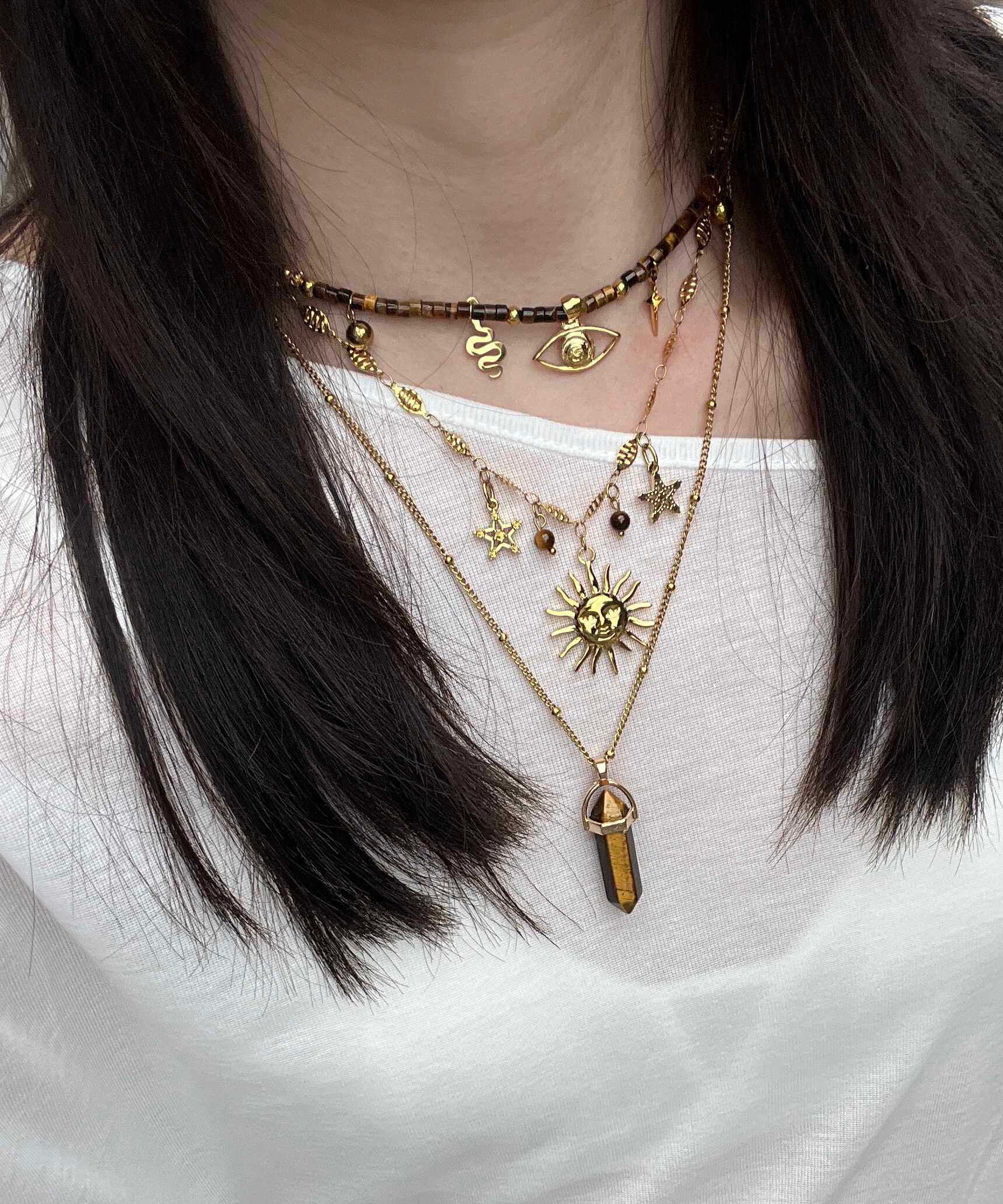 Brown Tiger's Eye Long Column Sun Layering Titanium Steel Four Piece Set Pendant Necklace - Image 5