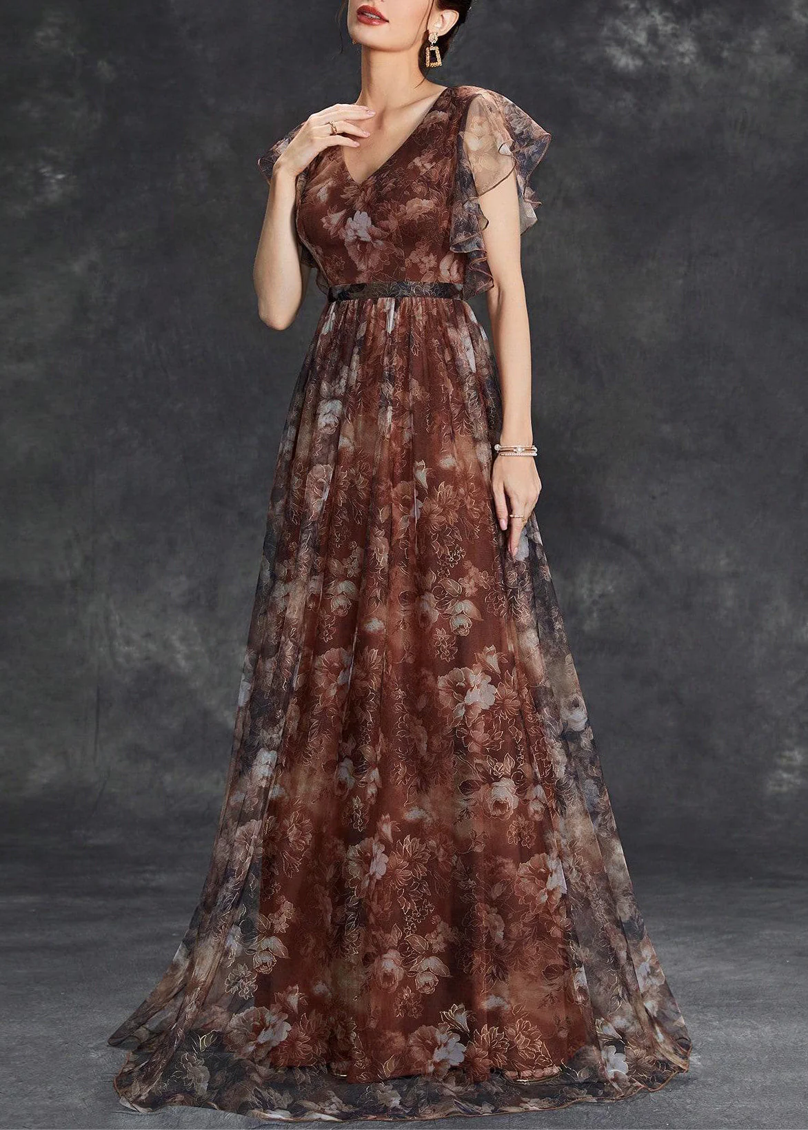 Brown V Neck Print Tulle Long Dress Short Sleeve - Image 2