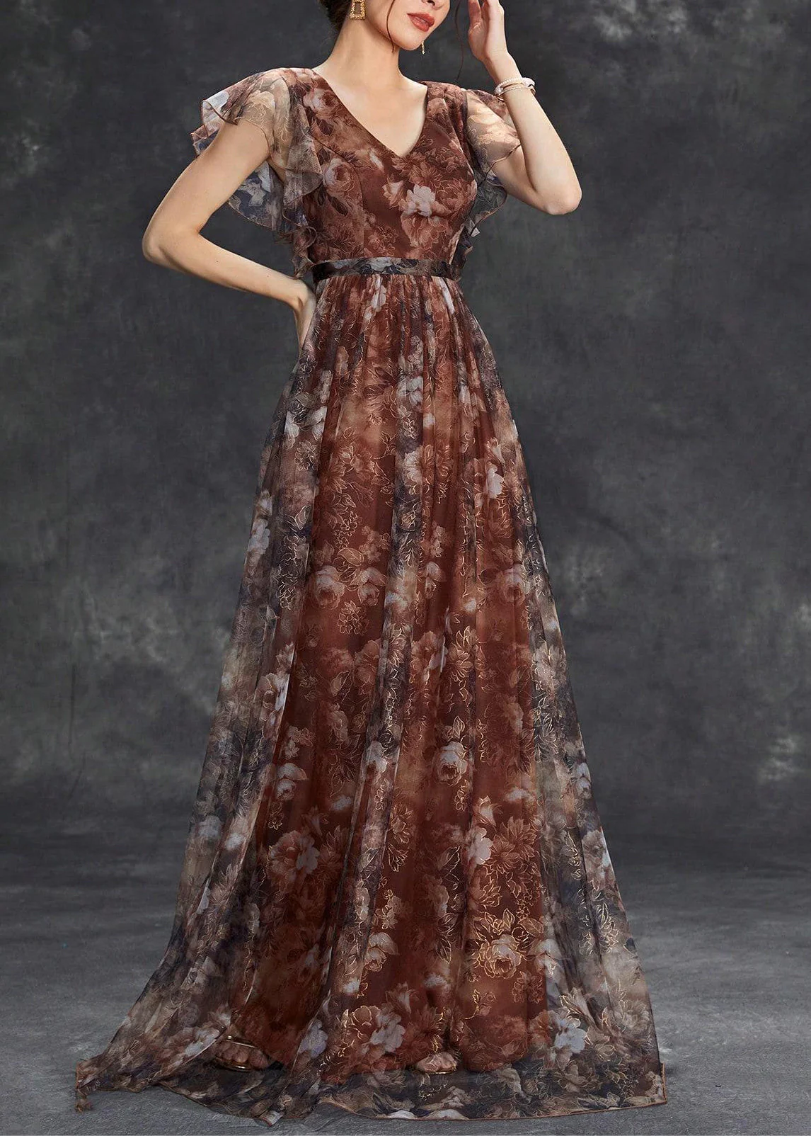 Brown V Neck Print Tulle Long Dress Short Sleeve - Image 3