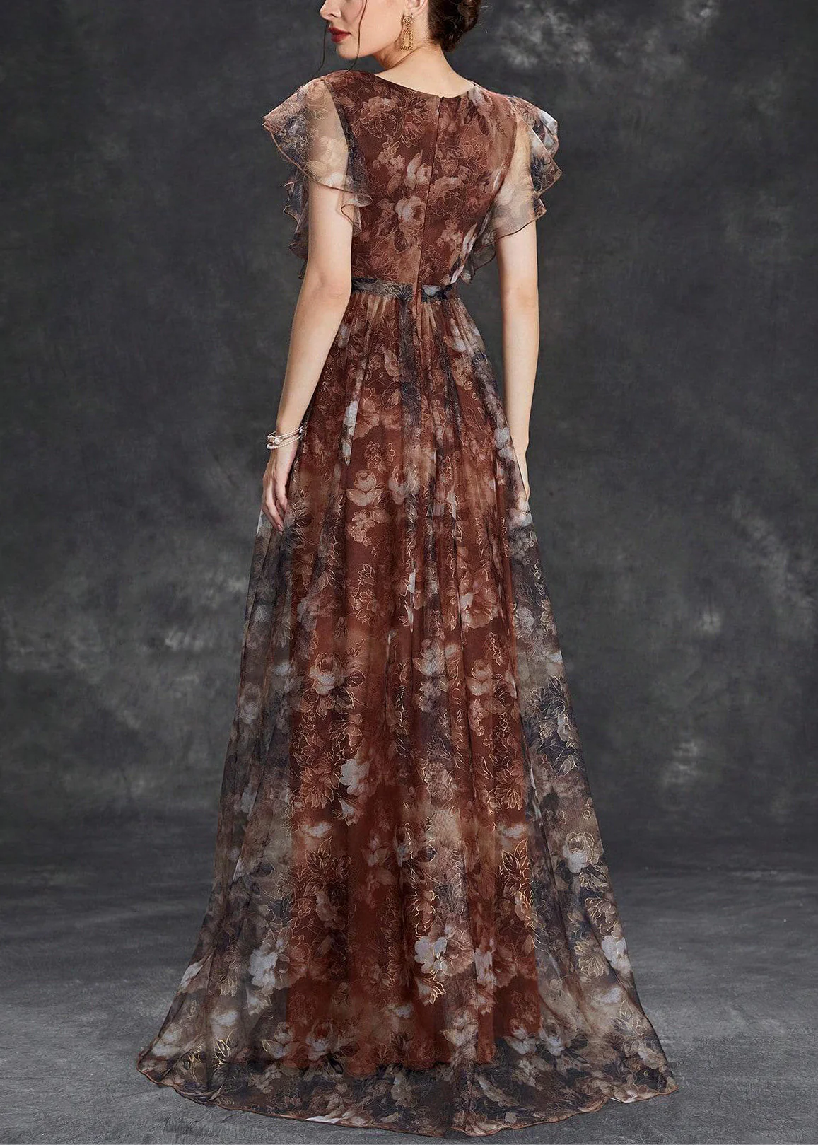 Brown V Neck Print Tulle Long Dress Short Sleeve - Image 4