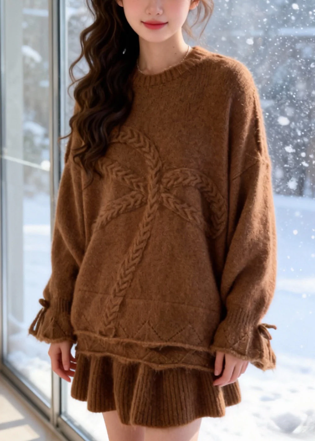 Brown Warm Knit Two Piece Set Women Clothing Oversized Bow Winter - Image 3