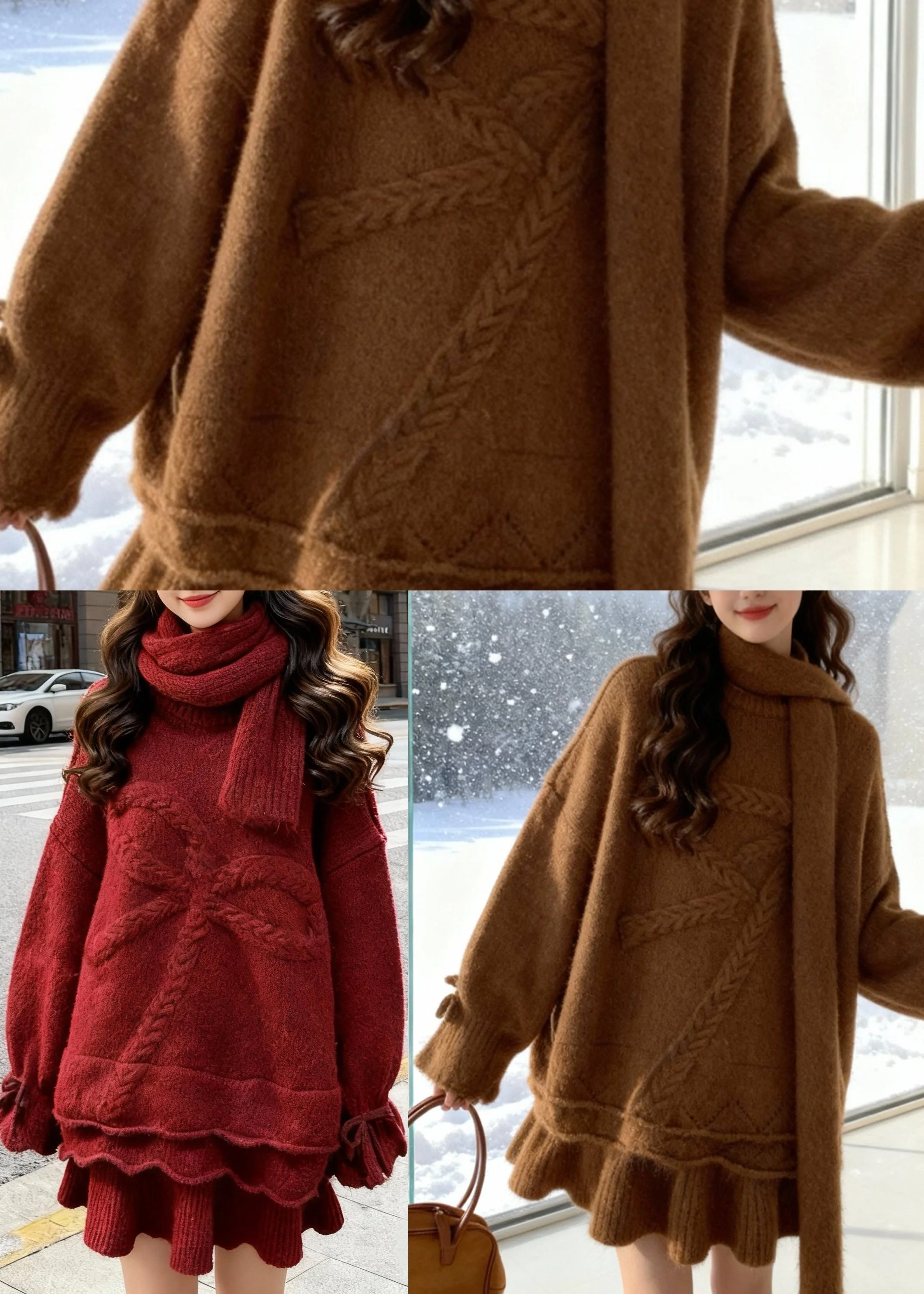 Brown Warm Knit Two Piece Set Women Clothing Oversized Bow Winter - Image 5