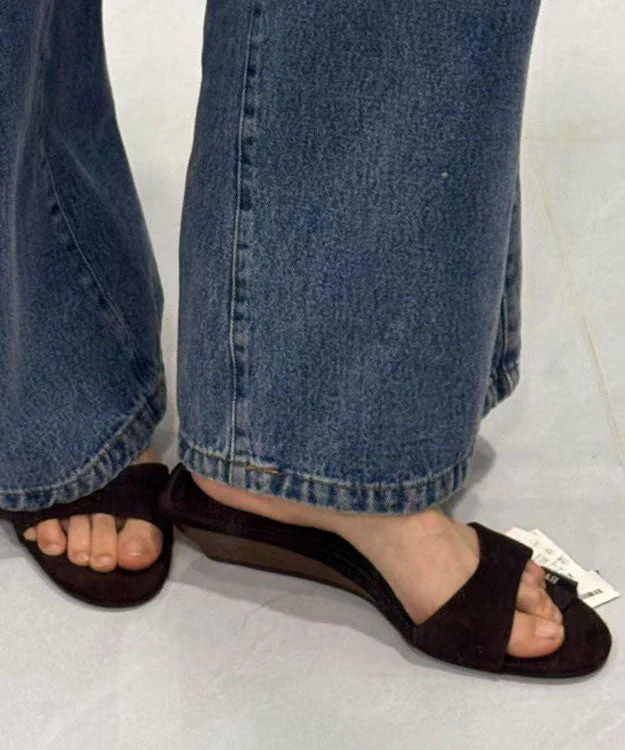 Brown Wedge Suede Casual Splicing Slide Sandals Peep Toe - Image 4