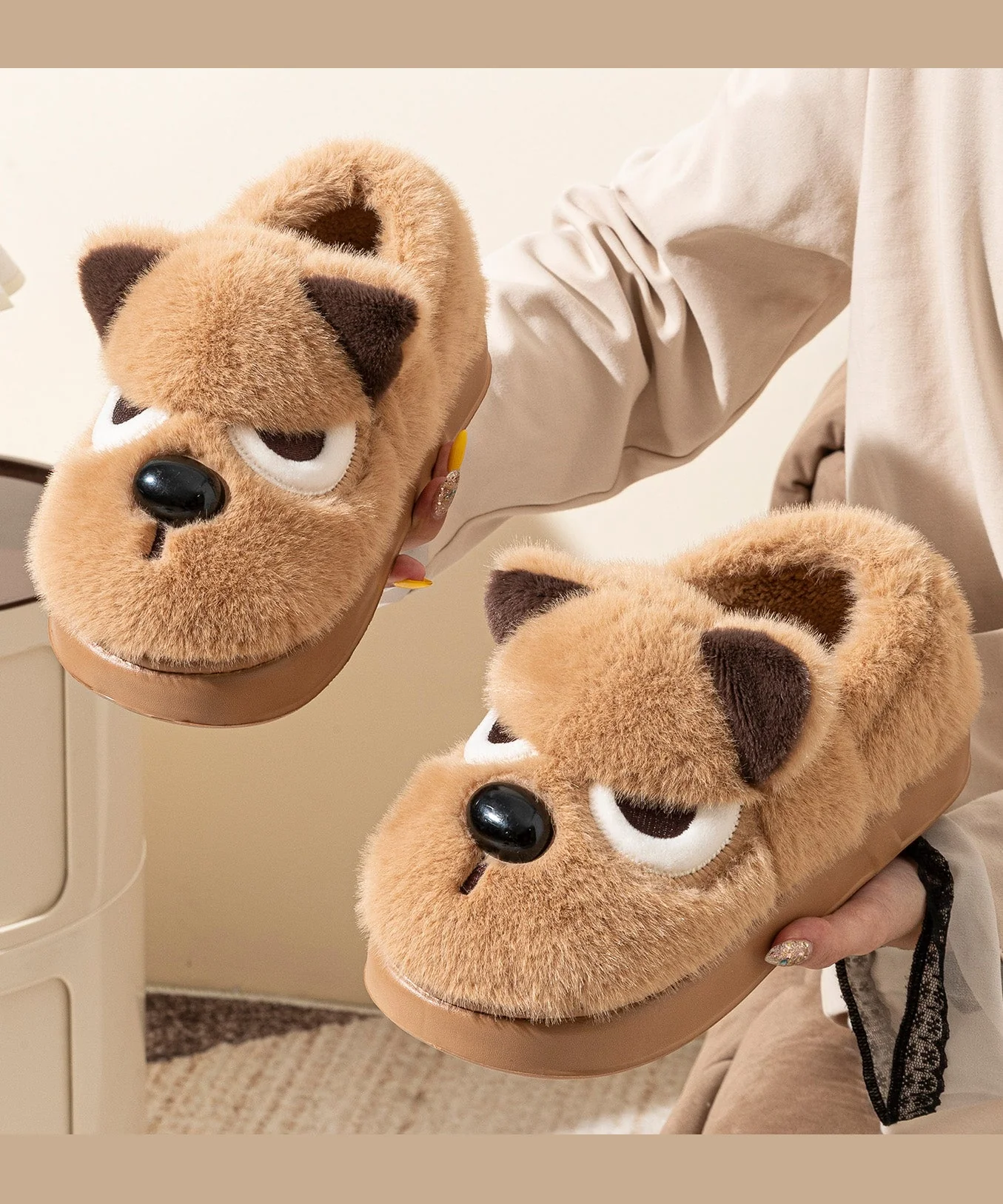 Brown Women Splicing Cartoon Fuzzy Fur Flat Feet Shoes - Image 3