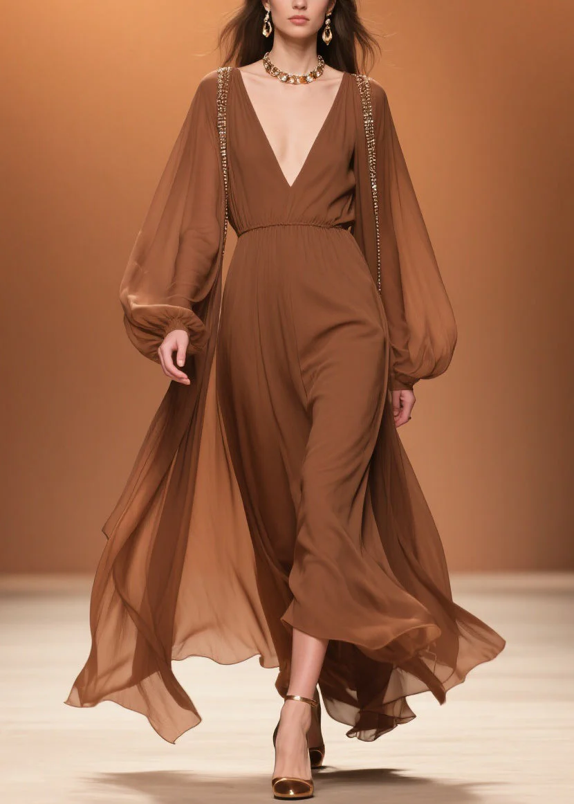 Brown Wrinkled High Waist Chiffon Maxi Dresses V Neck Spring - Image 3