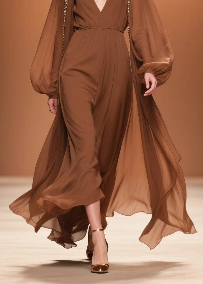 Brown Wrinkled High Waist Chiffon Maxi Dresses V Neck Spring - Image 4
