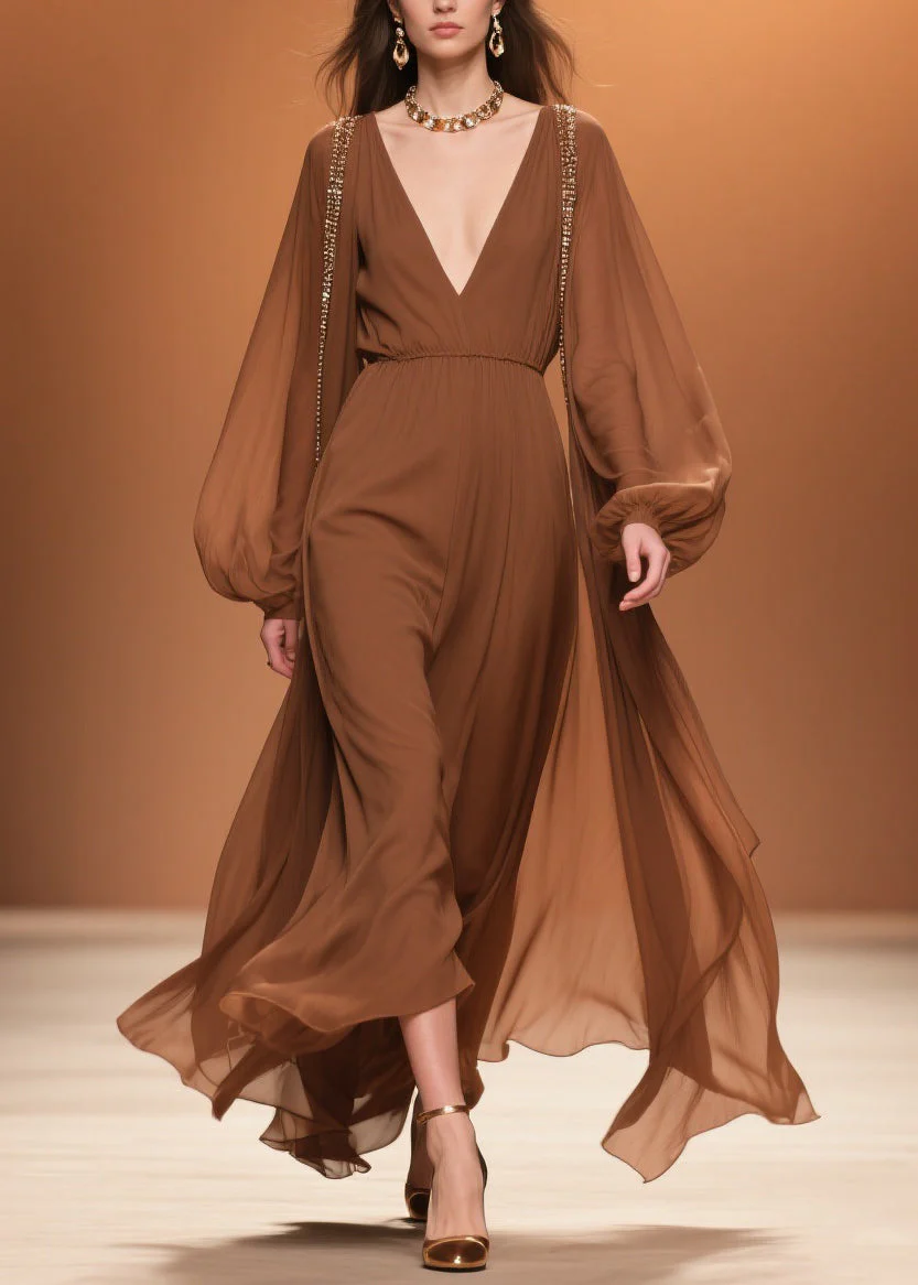Brown Wrinkled High Waist Chiffon Maxi Dresses V Neck Spring - Image 5