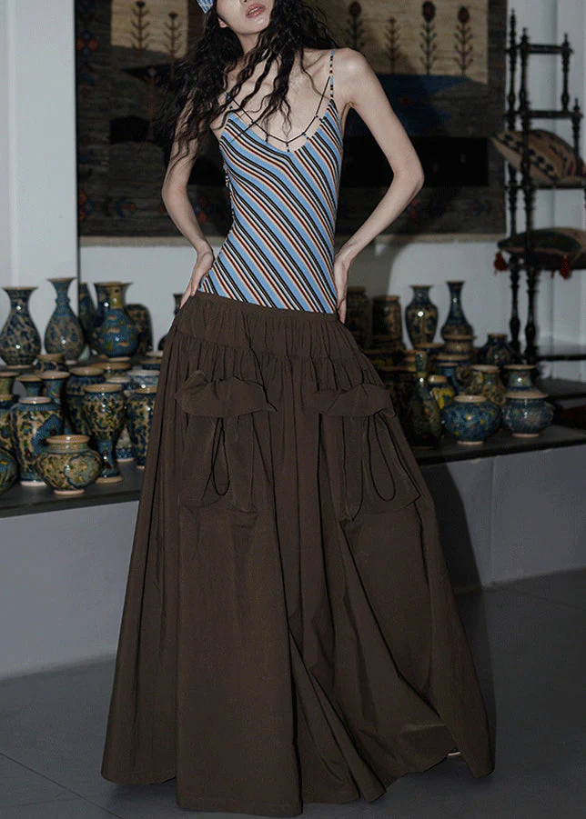 Brown Wrinkled Pockets Patchwork Cotton Sleeveless Long Dresses Striped - Image 3