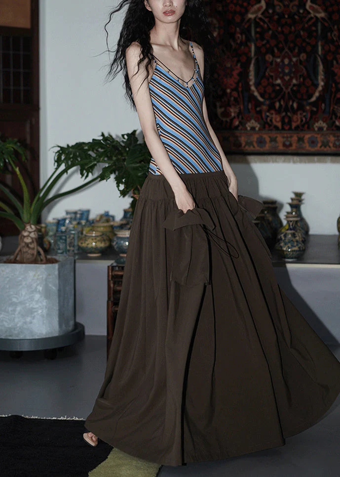 Brown Wrinkled Pockets Patchwork Cotton Sleeveless Long Dresses Striped - Image 4