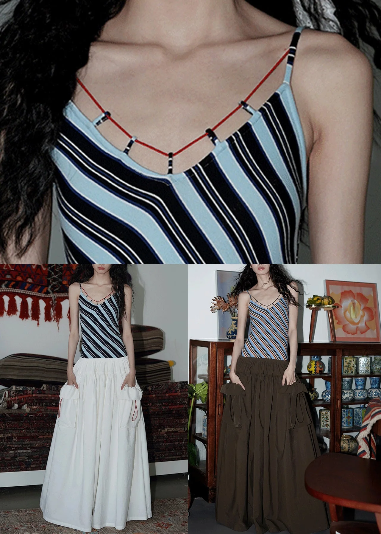 Brown Wrinkled Pockets Patchwork Cotton Sleeveless Long Dresses Striped - Image 5