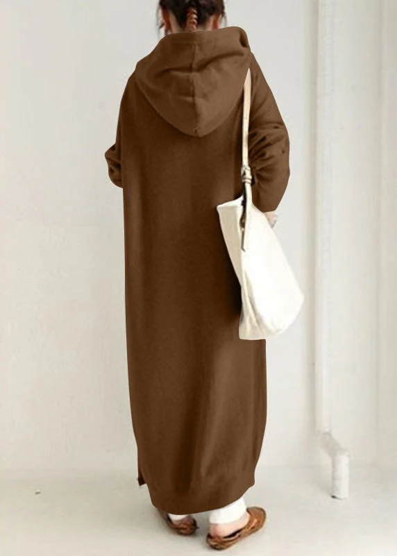 Brown Zippered Pockets Solid Warm Fleece Long Coat Hooded - Image 5