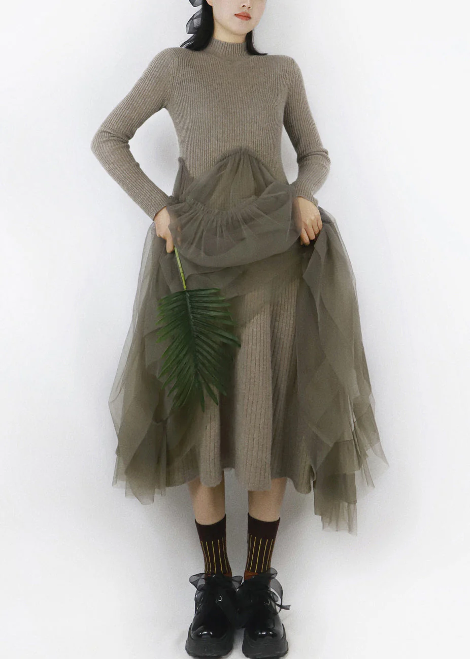 Camel Beige Ruffled Tulle Patchwork Long Sweater Turtleneck - Image 3