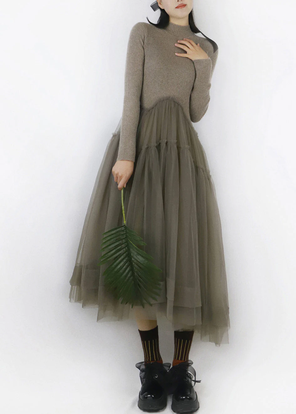 Camel Beige Ruffled Tulle Patchwork Long Sweater Turtleneck - Image 4