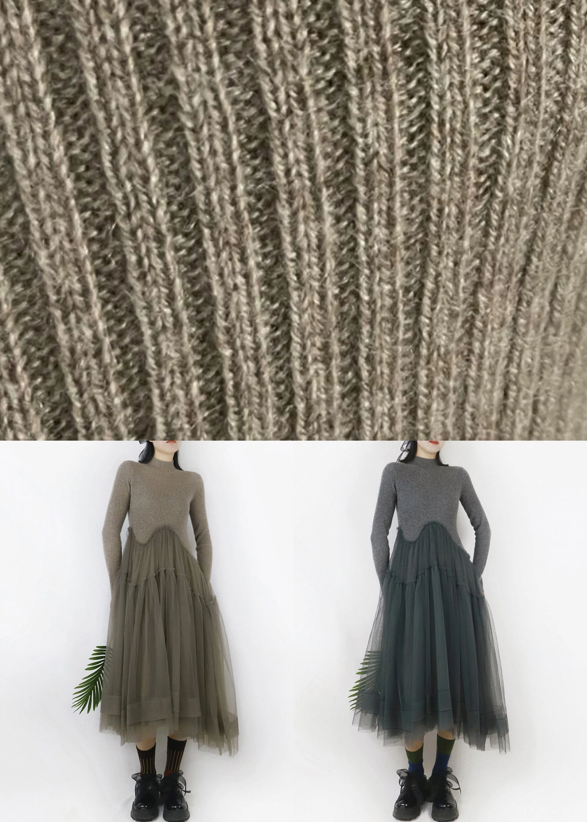 Camel Beige Ruffled Tulle Patchwork Long Sweater Turtleneck - Image 5