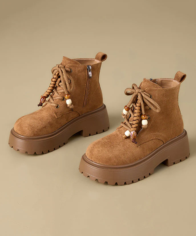 Camel Boots Platform Suede Casual Splicing Lace Up - Image 3