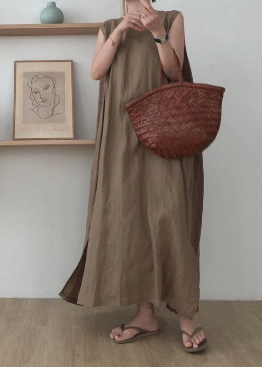 Camel Side Open Cotton Maxi Dresses O Neck Sleeveless - Image 2