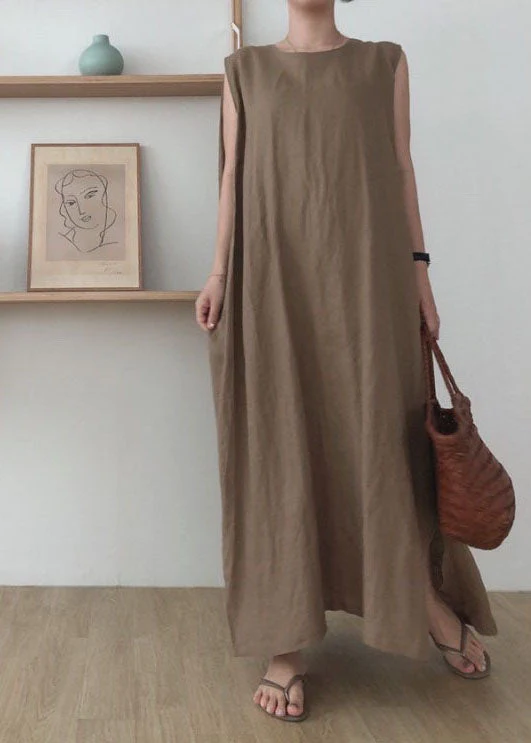 Camel Side Open Cotton Maxi Dresses O Neck Sleeveless - Image 3