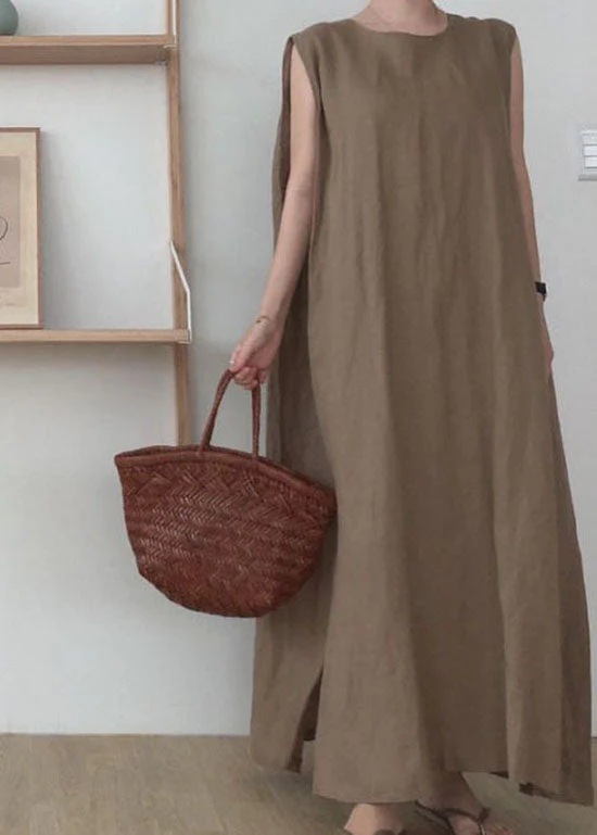 Camel Side Open Cotton Maxi Dresses O Neck Sleeveless - Image 4