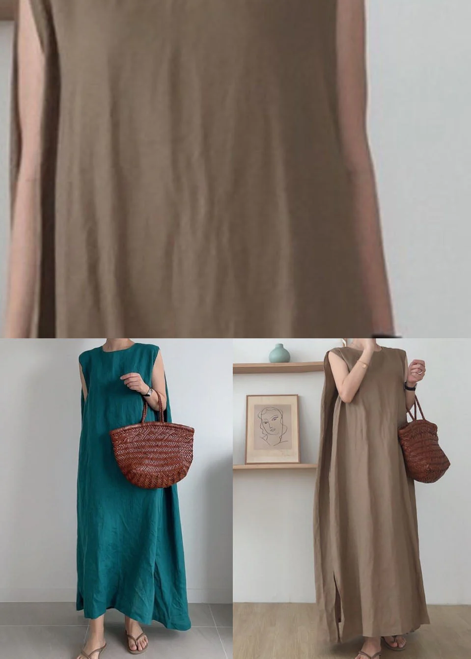 Camel Side Open Cotton Maxi Dresses O Neck Sleeveless - Image 5