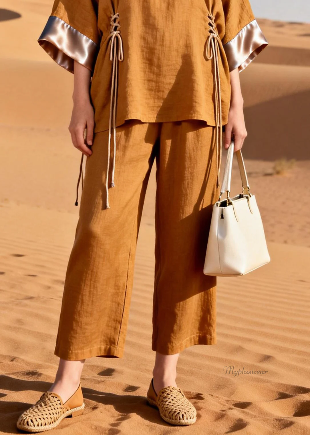 Caramel Cinched Silk Patchwork Two Piece Set V Neck Spring - Image 4