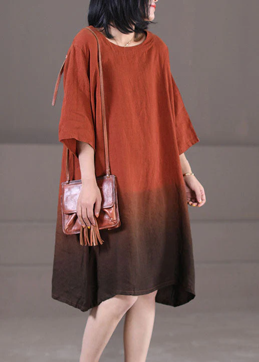Caramel Exra Large Hem Cotton Vacation Dress O-Neck Gradient Color Half Sleeve - Image 3