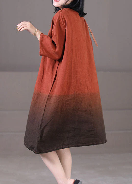 Caramel Exra Large Hem Cotton Vacation Dress O-Neck Gradient Color Half Sleeve - Image 4