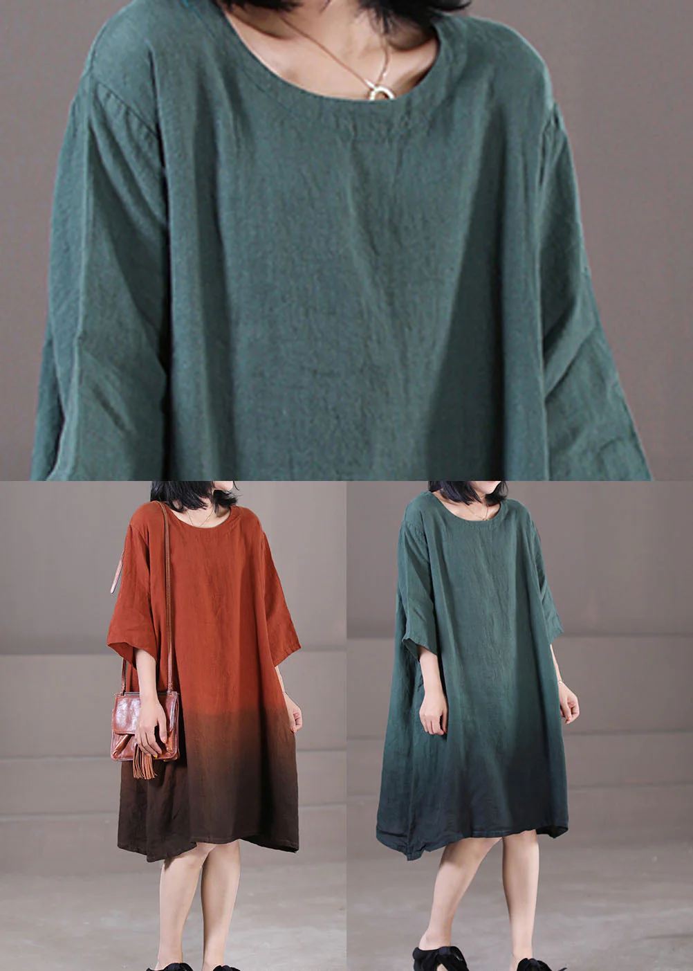 Caramel Exra Large Hem Cotton Vacation Dress O-Neck Gradient Color Half Sleeve - Image 5