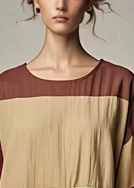 Caramel Patchwork Linen Mid Dress Bow Flare Sleeve - Image 3
