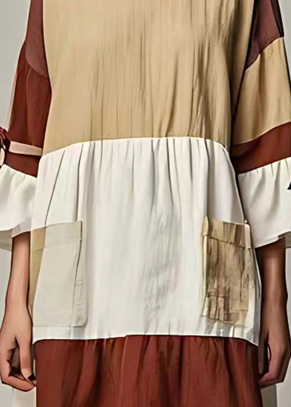 Caramel Patchwork Linen Mid Dress Bow Flare Sleeve - Image 4