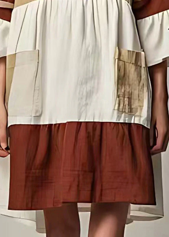 Caramel Patchwork Linen Mid Dress Bow Flare Sleeve - Image 5