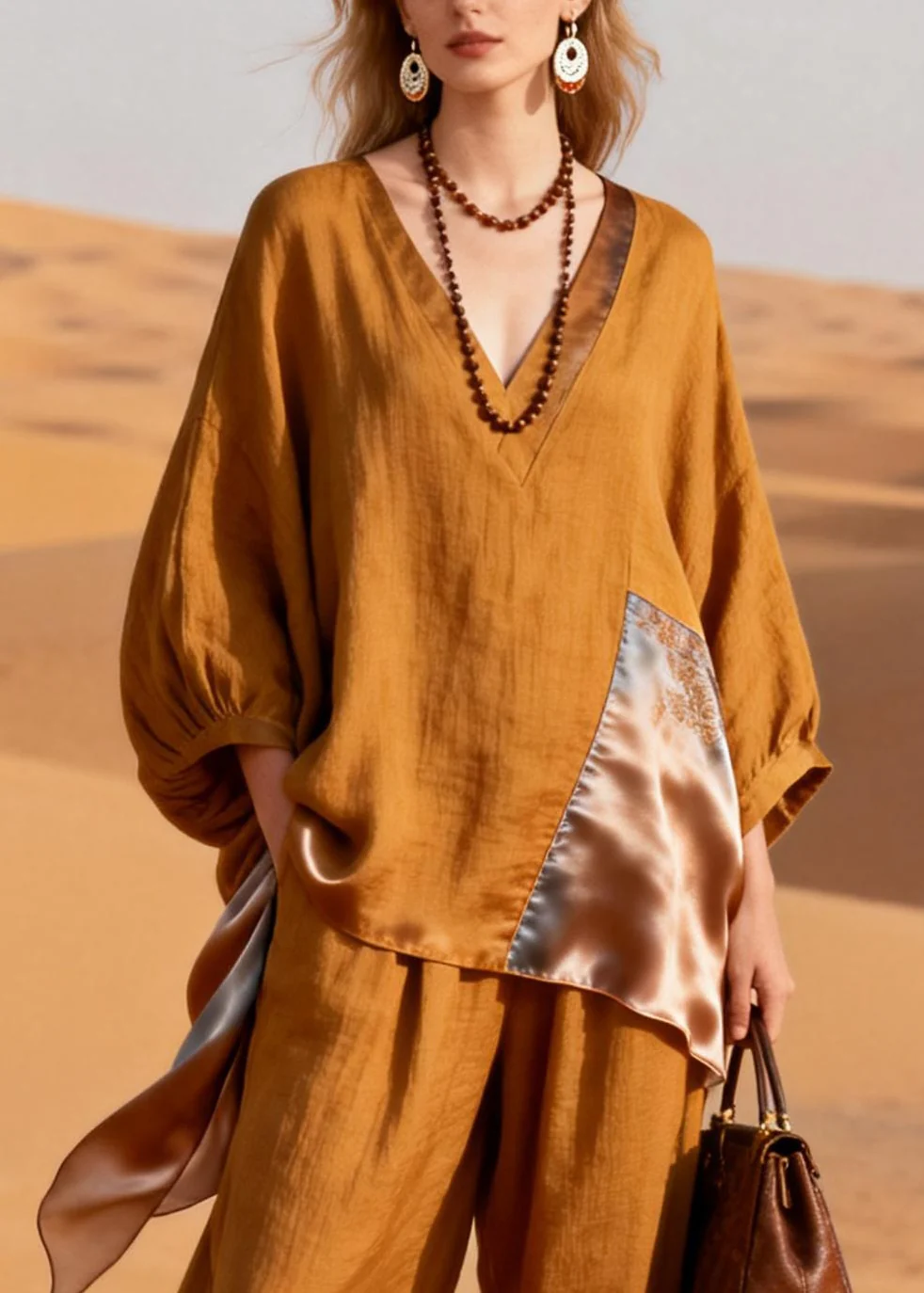 Caramel Pockets Silk Patchwork Tops And Crop Pants Linen Two-Piece Set V Neck Spring - Image 2
