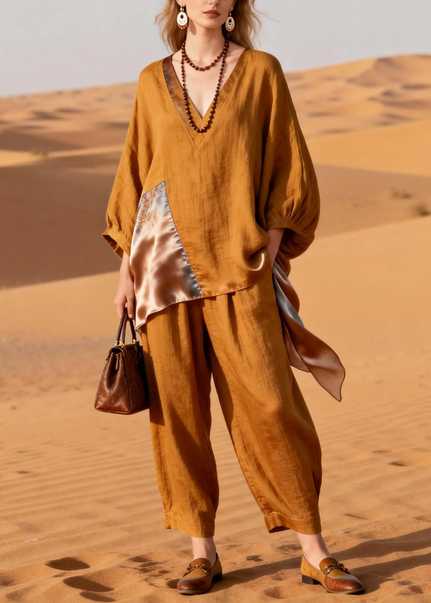 Caramel Pockets Silk Patchwork Tops And Crop Pants Linen Two-Piece Set V Neck Spring - Image 3