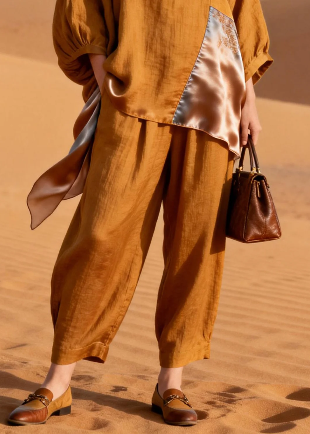 Caramel Pockets Silk Patchwork Tops And Crop Pants Linen Two-Piece Set V Neck Spring - Image 4