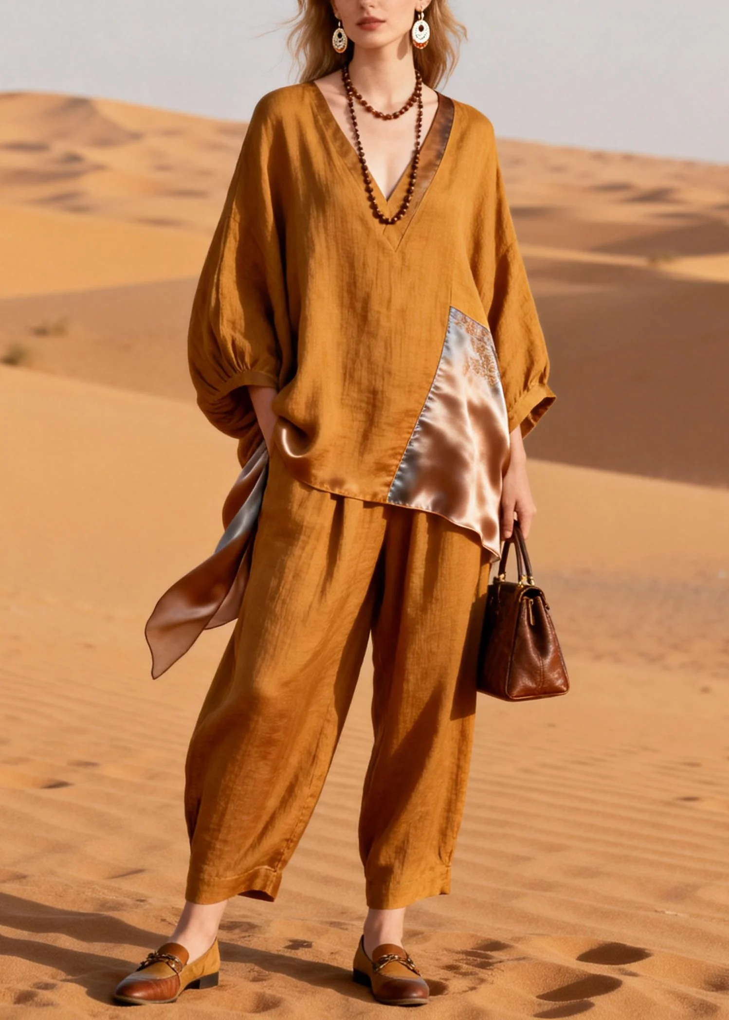 Caramel Pockets Silk Patchwork Tops And Crop Pants Linen Two-Piece Set V Neck Spring - Image 5