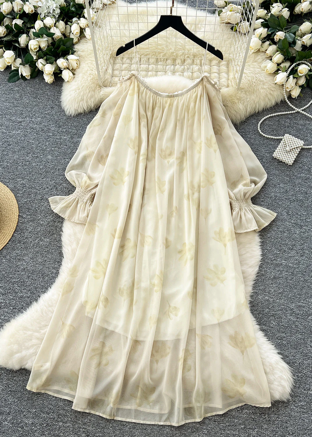 Casual Apricot Cold Shoulder Print Chiffon Cami Dress Summer - Image 2