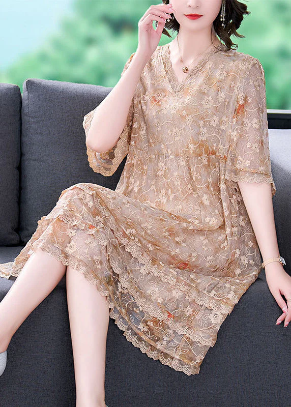 Casual Apricot Embroideried Patchwork Lace A Line Dress Summer - Image 2