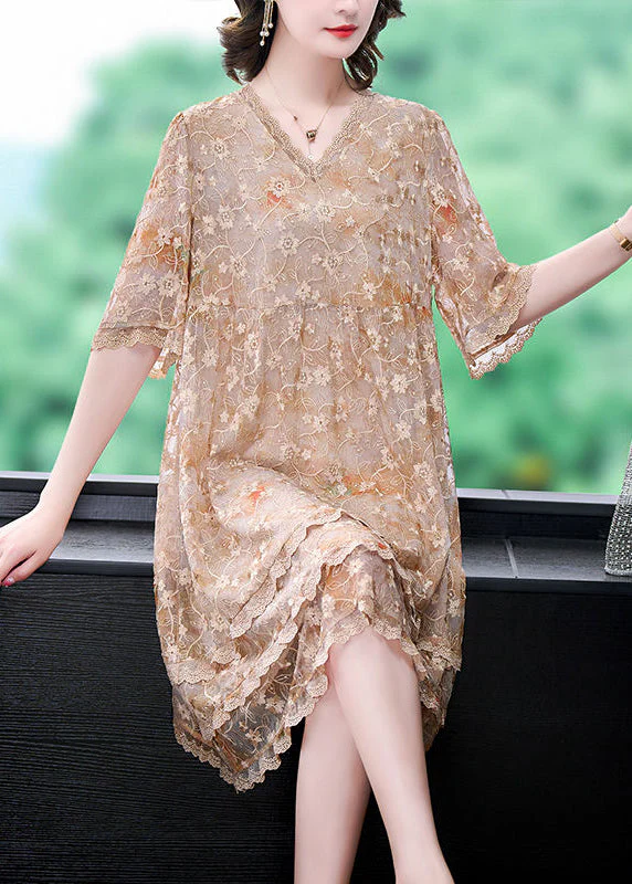 Casual Apricot Embroideried Patchwork Lace A Line Dress Summer - Image 3