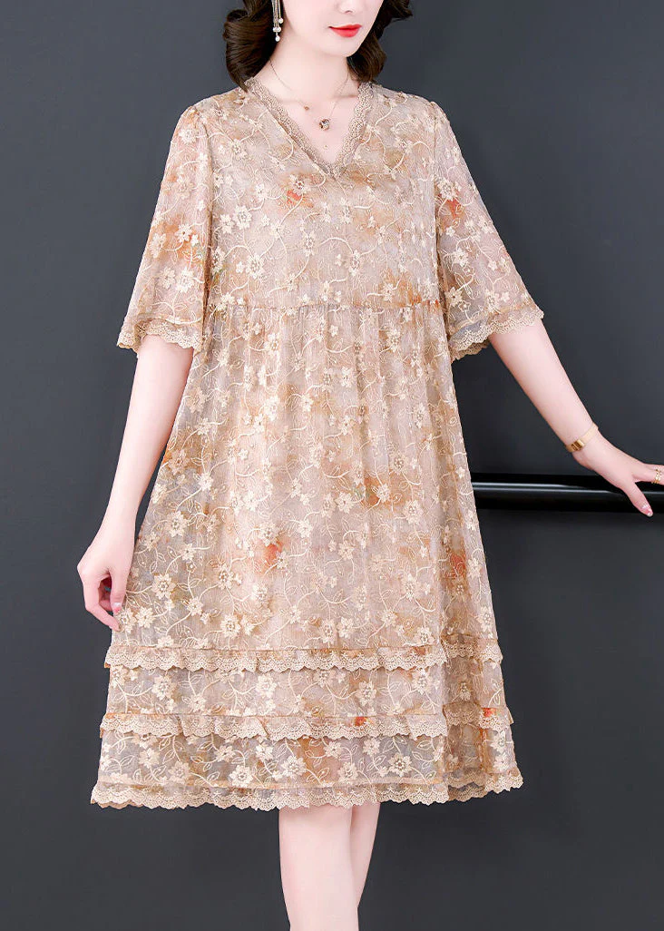 Casual Apricot Embroideried Patchwork Lace A Line Dress Summer - Image 4