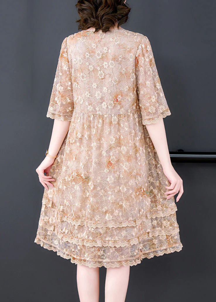 Casual Apricot Embroideried Patchwork Lace A Line Dress Summer - Image 5