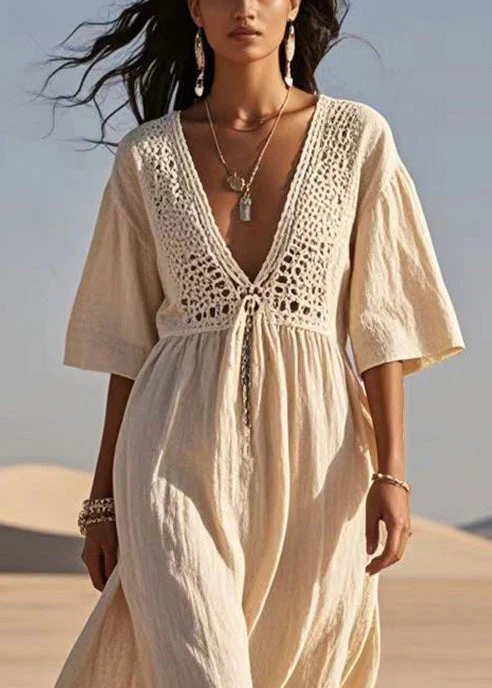 Casual Apricot Hollow Out Cotton A Line Dress Summer - Image 2