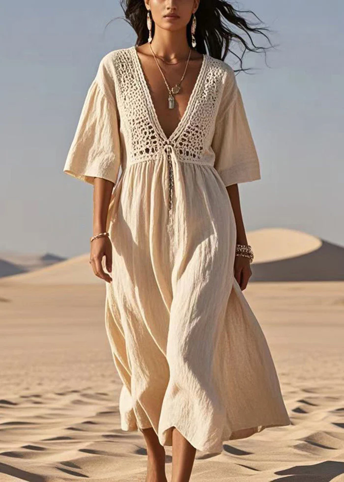Casual Apricot Hollow Out Cotton A Line Dress Summer - Image 3