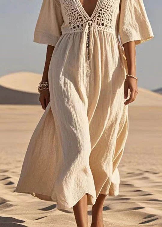 Casual Apricot Hollow Out Cotton A Line Dress Summer - Image 4